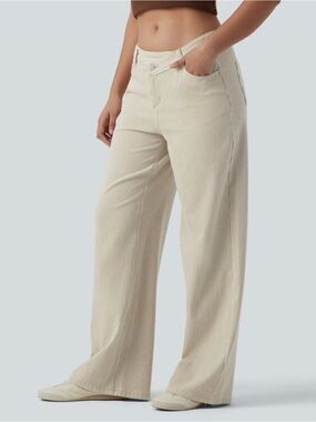Halara Flex Asymmetric Cream Mid Rise Baggy Wide Leg Jean Size S Minimalist Chic